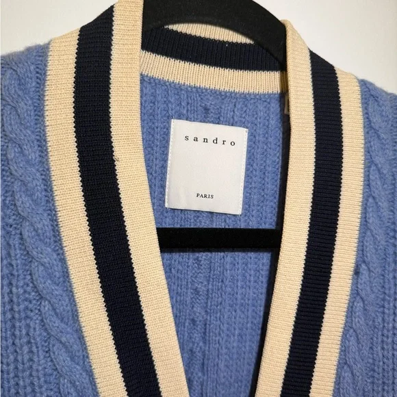 Sandro Blue Wool Erwan Pointelle Knit Women's Cardigan Sweater - Picture 6 of 11